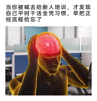 这是一张聚焦职场日常的搞笑共鸣梗图，上方配有精准戳中职场人痛点的文字：“当你被喊去给新人培训，才发现自己平时干活全凭习惯，早把正经流程给忘了”。下方是3D渲染的人物形象，该人物双手抱头，头部的大脑区域高亮泛红，呈现出焦虑、崩溃的状态，背景是典型的办公室工位场景，包括隔间、电脑、办公桌椅等元素，生动还原了职场人突然需要回忆工作标准流程时，大脑一片混乱、手足无措的尴尬时刻，精准捕捉到日常工作依赖肌肉记忆，却遗忘正规操作流程的普遍职场经历。