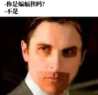 图片上方有两行黑色文字：“-你是蝙蝠侠吗? -不是”，下方是一张电影人物的面部特写截图，人物表情严肃，背景较暗。整体通过简单的对话与电影画面结合，形成带有调侃意味的梗图。