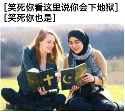 这是一张经过二次创作的搞笑梗图，画面主体是两位盘腿坐在户外草地上的女性，一位手持印有金色十字架的圣经，另一位手持印有金色星月标识的古兰经，两人面带笑容，氛围十分融洽。图片上方添加了两段对话文字，手持圣经的女性调侃对方“笑死你看这里说你会下地狱”，手持古兰经的女性则回应“笑死你也是”，创作者借用不同宗教教义中关于“异教者”的相关内容，以轻松幽默的方式制造反差笑点，消解了宗教间的严肃对立感，呈现出一种友好调侃的趣味效果。