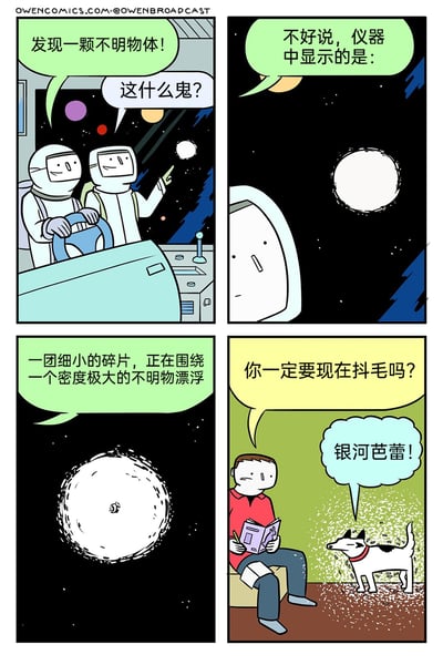 这是一则四格连环搞笑漫画，采用反差叙事制造笑点。第一格中，两名宇航员驾驶着飞船，发现前方的不明物体，一人发出疑惑的提问；第二格中，其中一名宇航员查看仪器，准备汇报观测结果；第三格给出仪器的观测描述：“一团细小的碎片，正在围绕一个密度极大的不明物漂浮”，营造出宇宙探索的严肃氛围；第四格画面突然切换到室内场景：一个人坐在椅子上看书，对着正在兴奋抖毛的狗无奈吐槽“你一定要现在抖毛吗？”，狗的想法气泡里写着“银河芭蕾！”。原来宇航员观测到的“宇宙不明物体”其实是狗抖落的毛发，用专业的宇宙观测术语对应日常的抖毛行为，形成强烈的反差感，带来荒诞的幽默效果。