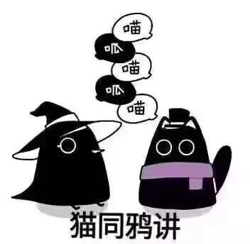 这是一张原创的静态卡通单图，画面为黑白风格，属于带对白气泡的风格化图像。图中有两个拟人化的黑色卡通角色：左侧是戴着尖顶巫师帽的乌鸦，右侧是戴着小礼帽、围着紫色围巾的猫。乌鸦的黑色对白气泡中是拟声词“呱”“呱”，猫的白色对白气泡中是拟声词“喵”“喵”“喵”，双方交替发声，却使用各自物种的叫声，完全无法理解彼此。画面底部配有文字“猫同鸦讲”，谐音中文俗语“鸡同鸭讲”，生动形象地调侃了人与人之间沟通不在同一频道、无法有效理解彼此的场景，常被用作搞笑表情素材来表达沟通不畅的情绪。