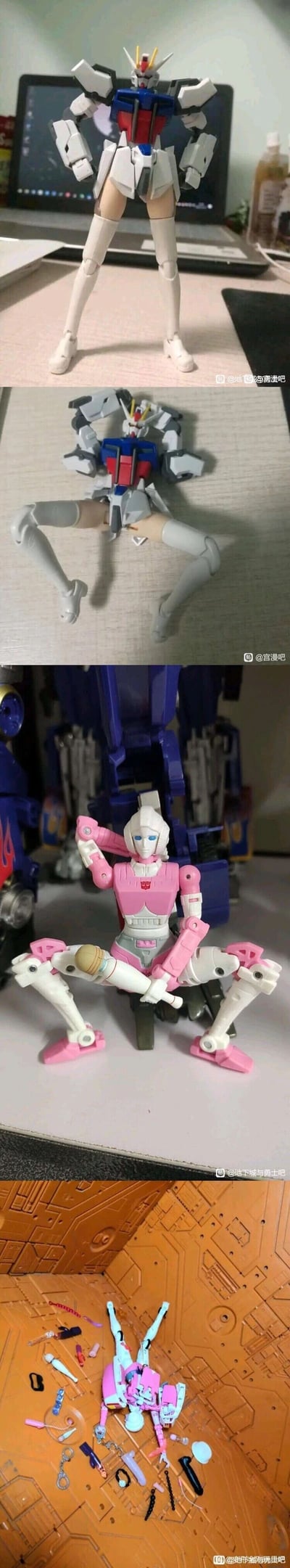 这是一组由四张静态图组成的模型玩家整活连环梗图，第一张图展示了玩家将《机动战士高达SEED》中的强袭高达上半身模型与女性素体模型下半身拼接后的成品，呈站立姿态；第二张图中该拼接模型摆出了具有暗示性的不雅姿势；第三张图则是《变形金刚》IP中的阿尔茜模型摆出了类似的不雅姿势；第四张图是一个粉色高达模型被拆得零件四散在地，通过递进的画面，玩梗式地调侃对模型进行不当摆弄会导致模型损坏的搞笑内容，充满模型爱好者的趣味整活风格。