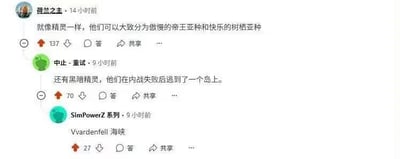 这是一张社交媒体评论区的截图，三条评论依次展开对《上古卷轴》系列游戏中精灵种族的趣味讨论：
1. 用户「荷兰之主」将精灵分为傲慢的帝王亚种（对应游戏里的高精灵）和快乐的树栖亚种（对应木精灵）；
2. 用户「中止-重试」补充了内战失败后逃到岛上的黑暗精灵（丹莫）；
3. 用户「SimPowerZ系列」用「Vvardenfell 海峡」点明黑暗精灵的核心栖息地，这是《上古卷轴3：晨风》的标志性区域，属于玩家对游戏种族设定的玩梗式总结。