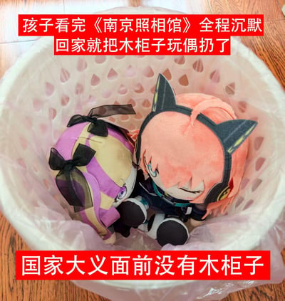 图片中展示了一个白色镂空篮子，里面放着两个卡通形象的毛绒玩偶。一个是粉色头发、黑色猫耳的玩偶，另一个是紫色和黄色头发、带有黑色蝴蝶结的玩偶。图片上方和下方有红色背景的白色文字，内容为“孩子看完《南京照相馆》全程沉默 回家就把木柜子玩偶扔了”和“国家大义面前没有木柜子”。