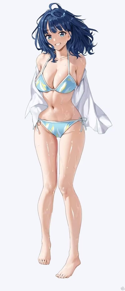 这是一幅二次元风格的原创插画，画面主体是一位蓝发蓝眼的动漫少女，她身着蓝底带有黄白色图案的比基尼，肩上披着一件敞开的白色外搭，全身布满晶莹的水珠，呈现出刚从水中走出的状态。少女面带明亮的笑容，姿态放松自然，整体画面充满清新的夏日氛围，没有双关、谐音梗或暗示类内容。