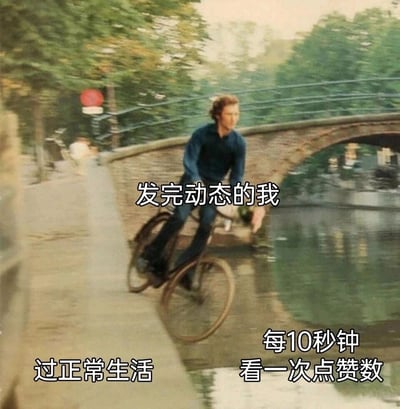 这是一张精准调侃当代人社交平台心态的文字加注梗图。画面中一名男子骑着自行车，一半车身和人在岸边路面（对应配文“过正常生活”），另一半悬在水面上方（对应配文“每10秒钟看一次点赞数”），上方配文“发完动态的我”，生动形象地表现出人们在发布社交动态后，表面维持正常生活，实则内心时刻牵挂动态点赞数，每隔一小段时间就忍不住查看的真实又好笑的状态，戳中了很多人使用社交平台时的微妙心理。