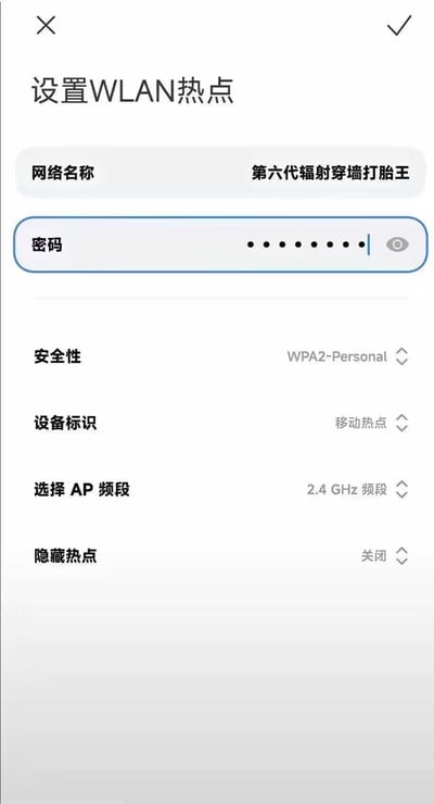 这是一张手机WLAN热点设置界面的截图，用户将热点名称设置为夸张恶搞的「第六代辐射穿墙打胎王」，用这种离谱的虚假描述来调侃、劝退想要蹭热点的人。界面中还显示已输入一串以圆点隐藏的密码，以及安全性为WPA2-Personal、AP频段为2.4 GHz等常规热点设置选项，整体是用夸张的玩梗方式制造搞笑效果，不存在真实的辐射危害相关情况。