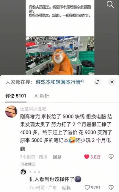这是一张社交平台内容截图，上方首先是两段暑假工的对话，讨论下个月笔记本即将涨价，一线渠道售价已经涨到1万多；紧接着是一张改图，将国产动画《熊出没》中的角色熊二合成到电子厂流水线的场景中，配文标注为“在电子厂努力挣钱的我blike”。截图下方是评论区，最高赞评论讲述了一名高考生的经历：原本家长给5000元准备买电脑，发现价格过高便打了2个月暑假工赚了4000多元，结果恰逢电脑溢价，最终花9000元才买到原本只要5000多的笔记本，不仅多花了钱还少玩了2个月电脑，另有评论调侃称“仇人看到也该释怀了”，整体内容充满荒诞的吐槽感，精准戳中学生和普通消费者面对数码产品涨价的无奈心态。
