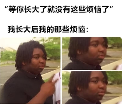 图片上方有两行文字，分别是“等你长大了就没有这些烦恼了”和“我长大后我的那些烦恼：”，下方为三张小图拼接，展示了同一个人的不同表情，通过文字与图片的对比，幽默地表达了长大后烦恼并未消失的无奈现实。