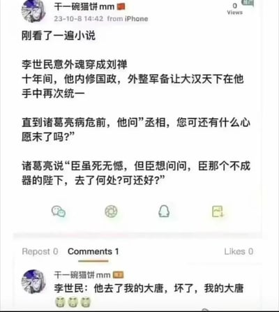 这张梗图恶搞了三国演义的托孤情节，把李世民穿越成刘禅，通过十年励精图治，使汉朝再次统一。图中还反转了诸葛亮临终托孤时关心阿斗的经典台词，结果收到李世民的现代式幽默回应：“他去了我的大唐，坏了，我的大唐”，是一则历史同人+赛博玩梗的二创，夹杂轻松吐槽和历史梗。整体风格幽默搞笑，同时暗含对历史轮回、历史人物能力的网络调侃。**有强烈的双关、混搭与历史人物梗玩笑。**