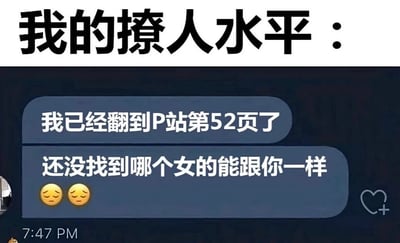 整张图为图文混排的搞笑梗图，顶部以黑色粗体大字标注标题“我的撩人水平：”，下方模拟了深色界面的社交软件聊天消息气泡，气泡内的文字依次为“我已经翻到P站第52页了”、“还没找到哪个女的能跟你一样”，末尾附带两个神态无奈的小黄脸表情，用将撩人话术和浏览成人网站内容结合的离谱反差，调侃发言者的撩人水平极低，说出的话尴尬又不合时宜，笑点十足。
