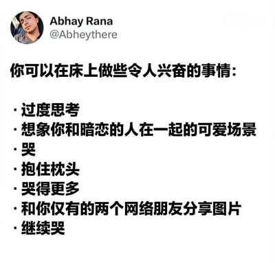 这是一张经过中文翻译的推特推文截图，用反讽的标题「你可以在床上做些令人兴奋的事情」，列出的却是一系列深夜emo的行为：过度思考、脑补和暗恋对象的相处场景、反复哭泣、抱枕头、和仅有的网友分享内容等，精准戳中当代年轻人深夜独处时的孤独、敏感与低落情绪，用自嘲的方式引发同类情绪用户的共鸣，内容无谐音梗或双关，仅靠标题与内容的反差感传递情绪。
