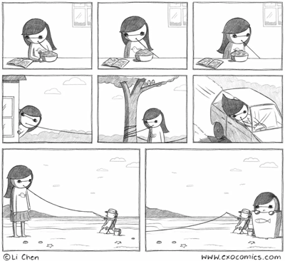 这是一组充满荒诞创意的连环漫画，讲述了女孩与超长面条的奇妙经历：
1. 开篇女孩坐在桌前，一边翻看书籍一边吃面条，面条的长度持续延伸，逐渐超出碗的范围；
2. 超长的面条从屋内延伸至户外，绕过大树，还被行驶的汽车碾过，女孩甚至被面条缠绕在树干上；
3. 场景切换到海边，女孩站在沙滩上，她的面条被一位悠闲钓鱼的老者误当成钓鱼线抓在手中；
4. 最后一格的画面充满趣味反转，原本的女孩变成了一个画着鱼图案的桶，仿佛被老者‘钓’了上来，将日常场景与脑洞设定结合，营造出搞笑的荒诞感。