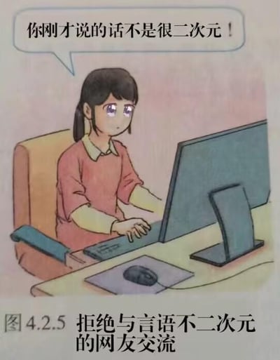 这是一张模仿中小学教材插图风格的卡通创作图，画面里扎着马尾的紫眼卡通女生坐在电脑桌前，双手放在键盘上，表情严肃不满，上方的对白气泡写着“你刚才说的话不是很二次元！”，图片下方配有类似教材的编号与文字：“图4.2.5 拒绝与言语不二次元的网友交流”。整幅图用一本正经的教材格式，戏谑地表现了部分二次元爱好者在网络社交中，对交流话术是否“二次元”的执着偏好，风格搞笑，充满调侃意味，没有双关、谐音梗等内容。