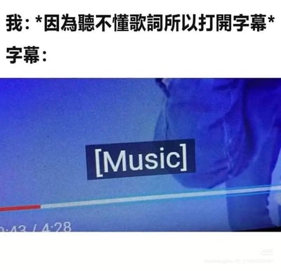 这是一张吐槽类搞笑梗图，采用图文混排的形式，上半部分为白色背景配黑色文案：“我：*因为听不懂歌词所以打开字幕* 字幕：”，下半部分是实拍的视频播放界面截图，蓝色背景的播放界面上字幕区域仅显示“[Music]”的无意义标注，没有提供任何歌词内容，上下内容形成反差笑点，精准调侃了大众想听歌词开字幕却得不到有效帮助的尴尬日常，极易引发共鸣。