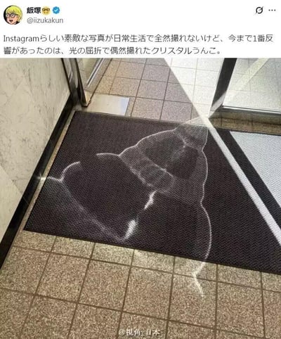 这是一张社交平台截图，画面展示了一处门口场景：地面铺着浅灰色方格瓷砖，门口的深色门垫上，因光线折射作用投射出一个轮廓清晰、类似水晶质感蜗牛的光影图案，造型逼真又奇妙，仿佛门垫上趴着一只透明蜗牛。截图上方是博主的日文发文，翻译成中文大意是“虽然完全拍不出Instagram那种精致好看的照片，但至今反响最好的，是偶然拍到的这张因光的折射形成的水晶蜗牛”，记录了这个意外捕捉到的趣味日常瞬间。