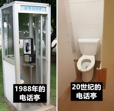 图片为左右对比结构，左侧是1988年的电话亭：一个带有玻璃门和"phone"标识的白色金属电话亭，内部装有老式公共电话，背景有绿树和草地，呈现出传统电话亭的经典外观；右侧则是一个卫生间场景，画面中央是白色马桶，配文"20世纪的电话亭"，通过幽默的方式暗示电话亭在时代变迁中功能的异化，形成强烈的视觉反差和搞笑效果。