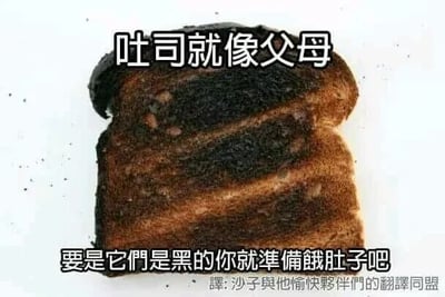 这是一张静态的文字加注梗图，主体为一块被烤至焦黑的吐司，图中上方配有文字“吐司就像父母”，下方配有文字“要是它们是黑的你就准备饿肚子吧”，底部还有翻译团体的署名水印。该图用烤焦变黑、无法食用的吐司，比喻父母生气时脸色变黑的状态，暗示此时孩子可能会面临类似“饿肚子”的惩罚或不佳待遇，通过生活化的食物类比制造出诙谐搞笑的效果，属于趣味生活类的搞笑梗图。