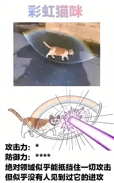 这张图片展示了一只被称为"彩虹猫咪"的卡通猫形象。图片分为上下两部分：上半部分是一只橘白相间的猫站在一个彩虹色的半透明护盾上，背景是深色地面和浅色墙壁；下半部分是该猫咪的卡通插画，它站在一个彩虹色的环形护盾后面，正抵挡着一道紫色的激光攻击。图片下方配有文字说明："攻击力: *"、"防御力: ****"以及"绝对领域似乎能抵挡住一切攻击但似乎没有人见到过它的进攻"，幽默地表现了这只猫拥有极强的防御能力但缺乏攻击能力的特点。