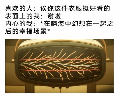 这是一张图文混排的搞笑梗图，上方文字描绘了典型的暗恋心境场景：当被自己喜欢的人夸赞衣服好看时，表面上的“我”只是平静地回应“谢啦”，但内心的“我”已经不受控制地开始脑补和对方在一起后的各类幸福生活场景；下方搭配的是漫威剧集《洛基》中时间变异管理局（TVA）的时间重置装置截图，该装置呈现出的发散状线条视觉效果，完美对应了“我”内心思绪疯狂蔓延、不受控制的状态，精准戳中了暗恋人群容易因对方的微小举动就过度脑补的心理，既真实又充满搞笑的反差感。