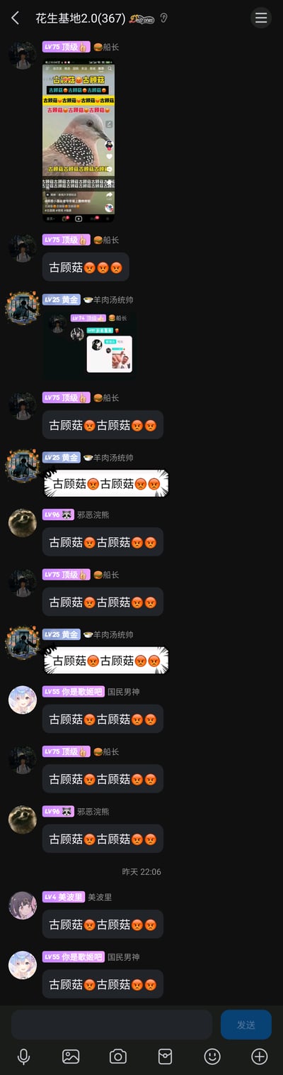 这是一张竖屏手机格式的聊天群（群名“花生基地2.0”，成员共367人）聊天记录截图。群内成员“LV75 顶级👍 🍔船长”首先发送了一张带有重复“古顾菇😠”文字和斑鸠图片的视频截图，随后群内多名成员包括船长、“LV25 黄金 🥣羊肉汤统帅”、“LV96 🦝邪恶浣熊”、“LV55 你是歌姬吧 国民男神”、“LV4 美波里 美波里”等开始集体刷屏发送“古顾菇😠”相关内容，部分成员发送的消息带有爆炸样式的特殊气泡，还有成员输入了谐音变体“古欧菇😠”，整体是群内围绕“古顾菇”展开的趣味玩梗互动行为，群成员带有等级头衔和个性化头像。