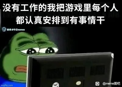 这是一张图文混排的自嘲类表情包，采用经典的悲伤蛙（Pepe the Frog）卡通形象，画面中悲伤蛙眼神黯淡、神情落寞地注视着电脑屏幕，上方配有文字“没有工作的我把游戏里每个人都认真安排到有事情干”。该图以幽默自嘲的方式，描绘了待业者在空闲时通过给游戏里的角色安排事情来打发时间的状态，精准传递出待业期间的无聊、空虚感，以及自我调侃的情绪，容易引发同类人群的共鸣。