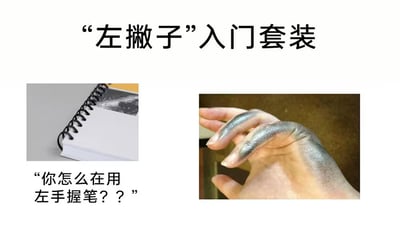 图片上方标题为“左撇子入门套装”，下方分为左右两图。左侧是一本线圈笔记本，配图文字“你怎么在用左手握笔？？”，模拟他人看到左撇子用左手写字时的疑问；右侧是一只左手特写，食指和中指指尖有明显的银色墨水污渍，还原左撇子写字时手掌蹭到未干墨迹的真实场景。整体以幽默方式展现左撇子在日常书写中遇到的尴尬与不便。