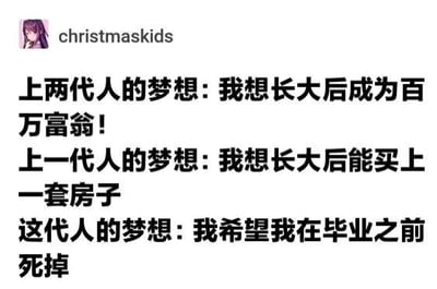 图片展示了一个类似社交媒体帖子的内容，左上角有用户头像（紫色头发卡通人物）和用户名“christmaskids”。主体文字通过对比三代人的梦想，呈现出明显的时代差异：上两代人梦想成为百万富翁，上一代人梦想买房，而这代人则自嘲“希望在毕业之前死掉”。内容以夸张的反差手法，反映了当代年轻人面临的压力与对未来的无奈情绪。