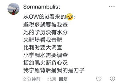 社交媒体用户Somnambulist分享的一则幽默内容，称从OW(守望先锋)玩家ID中看到的搞笑句子集合，包含"避税多就要被我查"、"括约肌夹断负心汉"等荒诞又搞笑的语句，末尾显示发布于2分钟前的北京地区。