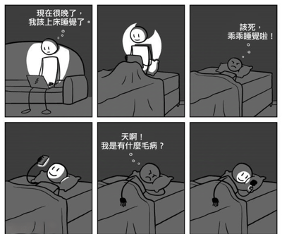 这是一组六格黑白线稿连环漫画，描绘了一个简笔小人的睡前拖延行为。第一格：小人坐在沙发上用笔记本电脑，心想“现在很晚了，我该上床睡觉了。”；第二格：小人已躺在床上，手里拿着手机；第三格：小人躺平皱眉，心想“该死，乖乖睡觉啦！”；第四格：小人侧身微笑着看手机；第五格：小人困惑皱眉，心想“天啊！我是有什么毛病？”；第六格：小人钻在被窝里，露出微笑继续看手机。漫画通过简洁的画面和内心独白，生动展现了当代人明知该睡觉却忍不住玩手机的矛盾心理。