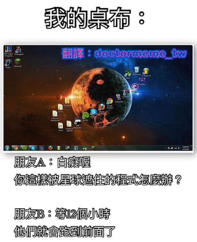 这是一张幽默梗图，展示了一个使用太空星球作为壁纸的电脑桌面。桌面上有多个应用程序图标，但部分图标被壁纸中的星球遮挡。图中包含一段朋友间的对话，朋友A质疑被星球遮住的程序怎么办，朋友B幽默地回答说等12个小时它们就会跑到前面了，玩了一个星球会自转的梗。