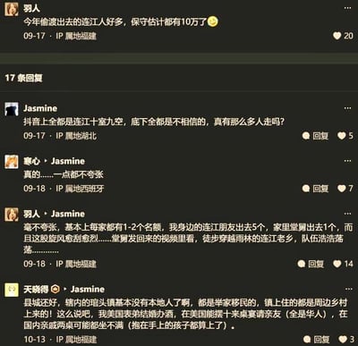 这是一段社交媒体评论区的内容，楼主羽人发帖称今年偷渡出去的连江人保守估计有10万，引发网友Jasmine的疑问，Jasmine表示抖音上很多人说连江十室九空，但自己对此存疑，询问是否真有如此多的人离开。随后多位网友回复分享见闻：IP属地西班牙的网友寒心表示情况一点都不夸张；楼主羽人称连江基本每家都有1-2个外出的名额，身边朋友、亲戚都有外出的，还有人徒步穿越雨林；网友天晓得则提到连江县城情况尚可，但辖内琯头镇基本没有本地人，多是举家移民，还以美国表弟办酒时华人亲友多、国内亲友少的例子，直观展现连江人向外迁移的规模。