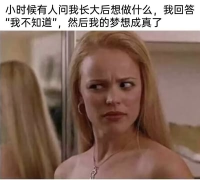 这张图片由上方文字和下方影视截图组成。文字内容为："小时候有人问我长大后想做什么，我回答'我不知道'，然后我的梦想成真了"，表达了一种自嘲式幽默，暗示长大后依然对未来感到迷茫。下方是电影《贱女孩》的截图，展示了阿曼达·塞弗里德饰演的角色正在照镜子，表情困惑，与文字内容形成呼应，增强了迷茫和无奈的情绪表达。
