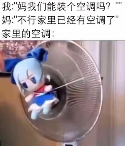 这是一张上文下图结构的搞笑表情包，上方文字为大众熟悉的家庭对话：孩子向妈妈提出想要安装空调的请求，妈妈以家里已经有空调为由拒绝，随后配文“家里的空调：”引出下方的实拍图。下方图片中展示了一台普通落地电风扇，扇叶位置绑着二次元IP《东方Project》的角色琪露诺的毛绒玩偶，风扇开启时玩偶会跟着扇叶一同转动。该梗利用了琪露诺是冰妖精、自带冰属性的设定，调侃长辈为了省钱，将普通风扇强行当作空调使用的节俭行为，既符合大众对家庭长辈节俭特点的认知，又结合了二次元趣味梗，笑点充足共鸣感强。