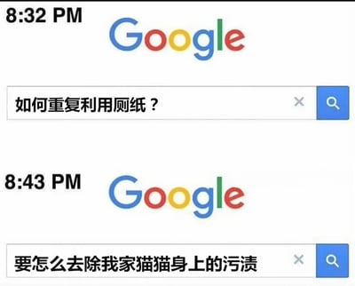 图片展示了两张谷歌搜索页面的拼接截图。上方截图时间为8:32 PM，搜索框内输入“如何重复利用厕纸？”，下方截图时间为8:43 PM，搜索框内输入“要怎么去除我家猫猫身上的污渍”。通过前后仅11分钟的两个反差巨大的搜索query制造幽默效果：前一个问题“重复利用厕纸”因涉及卫生常识显得荒诞离谱，后一个则是正常的宠物清洁问题，形成强烈对比引发笑点。