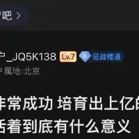 这是一张竖屏格式的社交媒体发帖截图，展示了一位属地为北京、账号名为“户_JQ5K138”、等级为LV7、头衔为“征战楼道”的用户发布的内容。用户的文字内容为“非常成功 培育出上亿的 活着到底有什么意义”，语句带有断句，传递出在取得“培育出上亿”的成就后，突然陷入对人生意义的深度迷茫与困惑的情绪，容易引发对人生价值思考的共鸣。