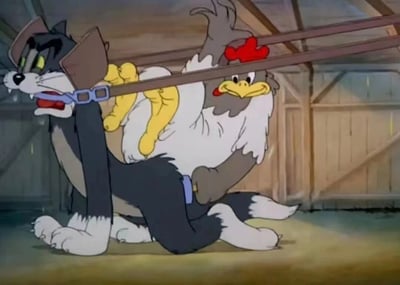 《猫和老鼠》动画中的经典场景，汤姆猫穿着公鸡装，头上戴着红色鸡冠，正费力地扛着一根长木板，身后还背着一把铲子。背景是一个木质结构的谷仓，汤姆表情专注，展现了动画中常见的滑稽狼狈形象。