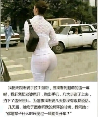 这是一则图文结合的搞笑内容，上方的静态图片呈现了一个经典的视觉错位场景：一位身着白色紧身套装的女性背对镜头走在街道上，她的下半身恰好与身旁白色出租车的驾驶座位置重合，驾驶座里的狗的头部位置，让视觉上产生了错觉，仿佛是该女性的臀部形态。下方的文字讲述了一个趣味故事：丈夫与妻子手拉手逛街时看到这一幕，立刻甩开妻子追上去拍照，因此惹妻子生气，几天后丈夫用“你这辈子什么时候见过一条狗会开车？”的话语来解释这个视觉错位的误会，制造出荒诞搞笑的反差效果。
