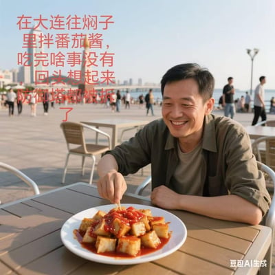 这是一张AI生成的趣味玩梗图，画面中一位男士坐在大连滨海广场的户外餐桌前，正开心地用牙签插取盘中拌了番茄酱的大连焖子，背景是热闹的广场与跨海大桥。配文玩谐音梗：“在大连往焖子里拌番茄酱，吃完啥事没有，回头想起来防御塔都被拆了”，其中“往焖子”谐音“王者们”，将大连特色美食与热门手游《王者荣耀》结合，调侃玩家沉迷品尝当地美食，回过神才发现游戏里的防御塔已被敌方拆除，搞笑又充满地域与游戏结合的趣味。