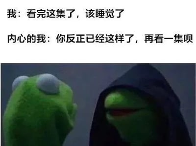 图片上半部分为文字对话，展示了“我”决定看完一集就睡觉，而“内心的我”却劝说再看一集的内心挣扎。下半部分是两只绿色青蛙角色的互动画面，一只青蛙可能代表理性的自我，另一只戴帽青蛙则象征诱惑的内心声音，生动演绎了人们追剧时常见的拖延睡觉场景，充满幽默与共鸣感。