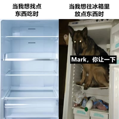 图片分为左右两栏对比呈现：左侧是空空如也的冰箱内部，所有隔板和抽屉均无任何食物，上方配文“当我想找点东西吃时”；右侧是一只德国牧羊犬（名为Mark）坐在塞满食物的冰箱里，眼神发光，上方配文“当我想往冰箱里放点东西时”，狗的下方还有文字“Mark, 你让一下”。通过强烈的场景反差幽默展现了日常生活中“找吃的时冰箱空，想放东西时冰箱被占”的有趣矛盾。