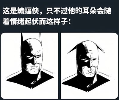 图片上方有文字说明：'这是蝙蝠侠，只不过他的耳朵会随着情绪起伏而这样子：'。下方分为左右两格黑白卡通插画，左侧蝙蝠侠戴着经典头套，耳朵直立，表情严肃，眼神锐利，展现出愤怒或专注的情绪；右侧蝙蝠侠头套耳朵下垂，眼神低垂，嘴角下撇，呈现出沮丧或疲惫的状态。通过耳朵形态的对比幽默地表现情绪变化，整体风格为漫画式黑白线条，构图清晰。