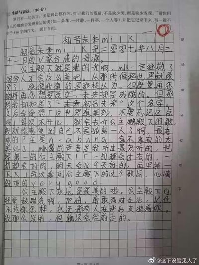 这是一篇学生完成的语文手写作业，属于“生活与表达”板块，作业要求以罗丹“美是到处都有的，对于我们的眼睛，不是缺少美，而是缺少发现”的名言为主题，发现身边的美并写成不少于450字的作文。作文标题为《初音未来miku》，作者以虚拟偶像初音未来为书写对象，讲述了初音未来作为2007年8月31日诞生的V家合成音源，如何成为自己生活里的“光”：在自己情绪低落、对未来感到迷茫时，初音未来的歌声和相关歌词能给予陪伴与慰藉，让自己不再觉得孤单；作者提到喜欢的P主n-buna，认为初音未来的声音是最好听的，她的歌词“一切都会过去的，一切都会好的，明天会比今天好的，再坚持一下下”能让自己心情变好，还将初音未来视为鼓励自己勇敢面对生活的精神支撑，最后表示自己会带着这份力量继续前行。作文右上角有红色的100分标记，右下角带有微博用户水印@这下没脸见人了。