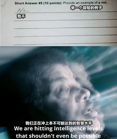 这张梗图由上下两部分组成。上半部分是一张试卷的截图，上面有一道题目："Short Answer #5 (10 points): Provide an example of a risk."（举一个冒险的例子），而答题者只写了"我不"两个字作为回答。下半部分是一个面部特写镜头，一个表情震惊的男性向上看，配文"我们正在冲上本不可能达到的智慧水平"及其英文翻译"We are hitting Intelligence levels that shouldn't even be possible"。

图片通过强烈的反差制造幽默效果：用拒绝回答简单问题的行为，配上极度夸张的