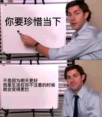 这是一张上下对比的双 panel 梗图，上方画面中一名穿着浅蓝色衬衫的男子正在白板上写字，白板上有黑色大字“你要珍惜当下”。下方画面中男子侧身看向镜头，白板上新增文字“不是因为明天更好 而是生活在你不注意的时候 就会变得更烂”。图片通过反差幽默的方式，将常见的励志标语改编成带有黑色幽默的现实调侃。