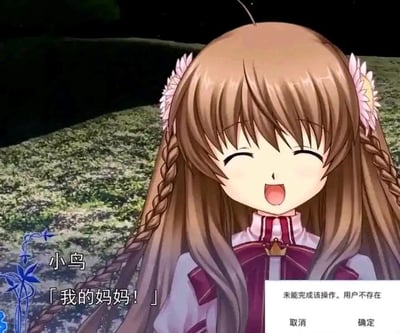 图中展示的是游戏《Rewrite》里的角色千里朱音（昵称小鸟），她闭着双眼，满脸兴奋地喊出「我的妈妈！」，而画面右下角却弹出了一个类似系统操作失败的提示框，内容为“未能完成该操作。用户不存在”，下方还有“取消”和“确定”按钮。这是网友的二次创作，将角色的呼喊和系统错误提示结合，制造出反差感：仿佛把“妈妈”当成了系统里的用户账号，结果系统找不到这个“用户”，形成了滑稽的搞笑效果，没有双关、谐音梗或暗示内容。