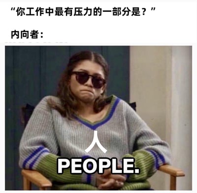 这是一张吐槽内向者职场压力的迷因梗图，图片上方白色区域配有文字提问“你工作中最有压力的一部分是？”，随后标注“内向者:”；下方配图是演员赞达亚坐在木椅上的截图，她戴着墨镜，皱起嘴角，露出苦恼无奈的神情；图片中部标注了白色汉字“人”和黑色带白边的英文“PEOPLE.”，整体调侃表达了内向者在工作中最大的压力来源就是和人社交打交道，很容易引发内向人群的共鸣。