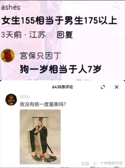 这张梗图由三段评论和一幅古代官员画像拼接而成。第一条评论声称“女生155相当于男生175以上”，引发调侃。第二条评论延伸了这个对比，说“狗一岁相当于人七岁”。第三条评论配合一张古代皇帝或官员画像，幽默表示“我没有统一度量衡吗？”，暗指这些比较根本没有标准，有点“乱作单位换算”的发疯感。

梗图以对照和无厘头计算方式制造笑点，使用了网络热门测量标准调侃，是典型的网络发疯类评论。

没有双关和谐音梗，但有明显的荒诞调侃和对‘度量衡’这一历史名词的恶搞。