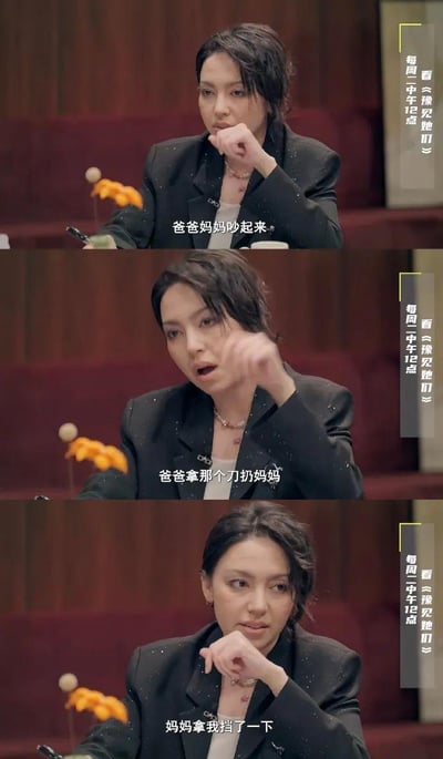 这是由三张竖屏截图组成的连环图，呈现了访谈节目《豫见她们》中一位嘉宾讲述自己童年的创伤经历：先是提到爸爸妈妈发生争吵，接着讲述父亲拿刀扔向母亲，最后说出母亲拿自己挡刀的细节。这段内容直白地揭露了原生家庭暴力带来的巨大伤害，情绪沉重，令人揪心。
