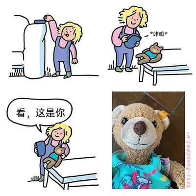 这是一组由三格卡通漫画和一张实拍图组成的趣味内容，通过制造视觉反差带来搞笑效果。第一格漫画里，金发小女孩将一个大瓶子当作相机高高举起；第二格中，小女孩用这个“相机”给趴在桌上的玩具熊拍照，配文拟声词“*咔嚓*”；第三格漫画里，小女孩拿着实拍图向玩具熊展示，说道“看，这是你”；右下角的实拍图揭示了玩具熊的真实模样：它只有单独的头部，身体部分实际是一件套在头上的衣服，因此拍照出来的效果就像玩具熊没有身体，只有头和衣服，与漫画里有完整身体的玩具熊形成强烈反差，制造出有趣的误会笑点。